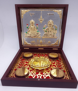 Shri Laxmi Ganesh Charan Paduka Set Gold Plated Stainless Steel Handicraft Handmade Hindu Pooja Mandir Decorative Base Wedding - Product Image 3
