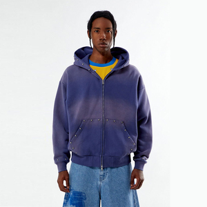 Sweats à capuche zippés sur mesure pour hommes pierre de poche prix de gros épaule tombante surdimensionnée délavée au soleil avec design unisexe à motifs - Product Image 5