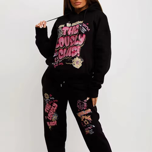 ชุดวอร์มลำลองสำหรับผู้หญิง2ชิ้นทรงหลวมมีฮู้ดพิมพ์ลายสีพื้น - Product Image 6