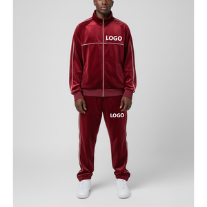 Ensemble de survêtement en velours rouge uni pour homme, 2 pièces, veste et pantalon de jogging, logo personnalisé, MOQ faible, hiver, 100% coton - Product Image 3