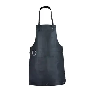 Tablier en cuir pleine fleur noir cuisinier BBQ boiseries cadeau de noël bandoulière barbier boiseries pour lui LPN-0019