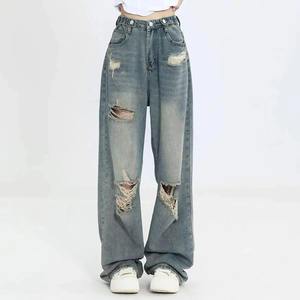 Pantalon baggy en denim 100% coton de qualité supérieure pour femmes Design élégant respirant haut de gamme avec nœud et décorations en dentelle - Product Image 6