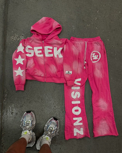 Nuevas ofertas 100% algodón lavado ácido Sudadera con capucha y pantalones de chándal conjunto de pierna ancha acampanada Patchwork chándal para trajes de chándal de invierno - Product Image 4