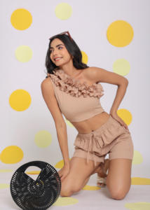 Custom Solid Poly Cotton <b>Top</b> for Women <b>Beige</b> One-Shoulder Western Pattern Natural with Big Sizes Short Length Clothing - Product Image 3