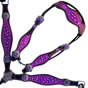 Cabezada y Pechera de Cuero Color Rosa con Hermosos Pedrerías y Hebillas - Product Image 1