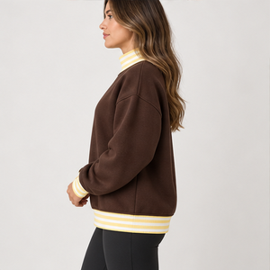Women's Chocolate Brown Mock Neck <b>Sweatshirt</b> with <b>White</b> Striped Trim Varsity Letters Trackstar OEM Private Label - Product Image 4