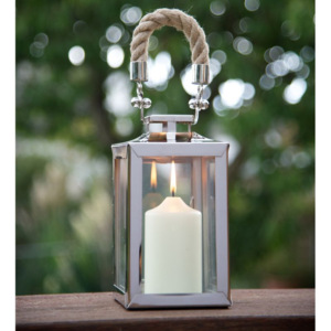 Mini lanterne de Noël en acier inoxydable et verre bougeoir en métal suspendu décoratif pour la maison et l'extérieur avec poignée en corde de jute - Product Image 2