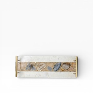 Rectangular Multicolor Natural Agate Stone Tray with Soft <b>Pastel</b> Crystal Finish and Elegant Gold Handles - Product Image 2