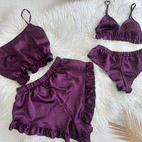 Ensemble de lingerie en satin de soie tissé violet pour femme avec volants, demi-chemises, body deux pièces et culotte