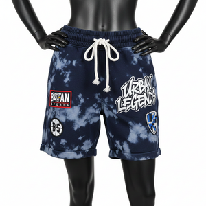 Shorts en molleton de coton premium 300 GSM, effet délavé, bleu marine, patch chenille tie-dye, impression sérigraphique, logo personnalisé, coupe ajustée pour femme - Product Image 1