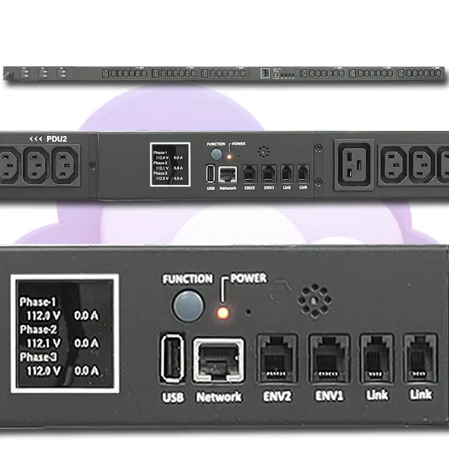 3 שלב 400V 32A 42 יציאות 22kW C13 C19 מתלה PDU במעקב, IEC309 מתלה PDU