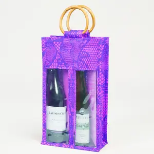 Eco friendly all over print pvc window dyed jute bottle bags with cane handle and custom print logo