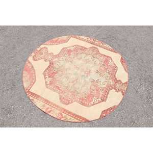 พรมวินเทจขนาด 4.3x4.3 ฟุต, พรมตกแต่งสไตล์ตุรกี, พรมลายจุดสีแดง - Product Image 3