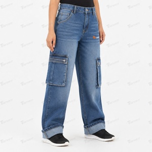 <b>Women</b>’s Baggy Denim Cargo <b>Jeans</b> Manufacturer Custom Wide Leg Cargo Pants for <b>Women</b> High Waist Vintage Washed <b>Blue</b> <b>Jeans</b> - Product Image 2