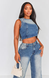 2025 <b>Top</b> Selling Sandblasted Denim Tube Crop <b>Top</b> for Women Casual Breathable Low MOQ Customizable Mid Blue Acid Washed Parties - Product Image 5