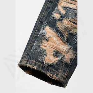 Jeans slim pour homme de haute qualité, denim, patch au genou, coupe droite, taille haute, délavé clair, super couture, couleur personnalisée - Product Image 6