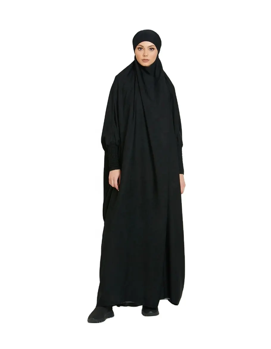 Jilbab Wanita Muslim Hitam Sajadah Bertudung Abaya Lengan Smocking Pakaian Islami Dubai Arab Saudi Jubah Kesopanan Turki