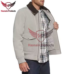 <b>Mens</b> Grey Leather Bomber <b>Jacket</b> With <b>Shearling</b> Collar Genuine Lambskin Flight <b>Jacket</b> Winter Casual Outerwear - Product Image 3