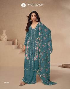 Ensemble Salwar Kameez Palazzo prêt-à-porter pour femmes, imprimé floral, broderie lourde, soie Airtex Chinon, coupe régulière, séchage rapide - Product Image 4