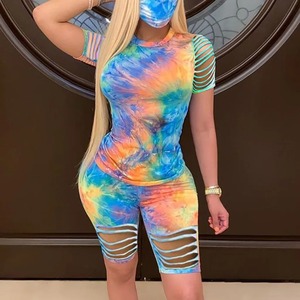 Conjunto de chándal de dos piezas con tinte de Corbata de algodón 100% transpirable impermeable de verano para mujer - Product Image 4