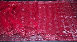 Exclusif Deshi Dhakai ROUGE Jamdani Sharee Qualité à l'exportation pour les femmes JAMDANI FABRIC Bleu ciel VERT Bleu Doré du Bangladesh - Product Image 4