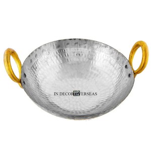 Vente chaude martelé Texture argent brillant poli intérieur et plaqué or extérieur robuste métal Kadhai ustensiles de cuisine fournitures - Product Image 5