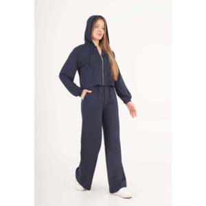 Women's Modal Blend <b>Cardigan</b>, Crop Top, and Pants Three-Piece Set - Comfortable <b>Navy</b> Blue Wholesale Outfit by LUSTRIN - Product Image 3