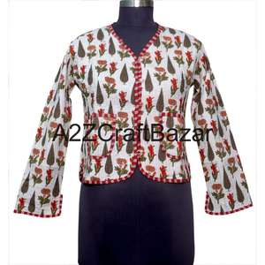 Veste courte matelassée réversible en coton biologique 100% fait main, col en V, respirante, vintage, éco-responsable, patchwork, numérique, pour femme - Product Image 1