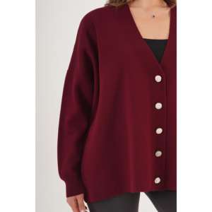 Cárdigan Borgoña al por Mayor con Detalle de Botones, Corte Holgado, Estilo Casual para la Temporada de Otoño - Product Image 2
