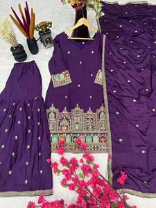 Lanzamiento de un nuevo y moderno Sharara Palazzo de diseñador para fiestas, con tela de seda Chinon pura y bordes de encaje reversibles. - Product Image 6