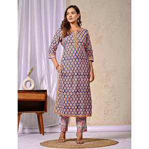 Blue <b>Block</b> <b>Printed</b> Anarkali Kurta Pant Set Indian Ethnic Style with Embroidery Work for Party Wear Made From Net Cotton - Product Image 4