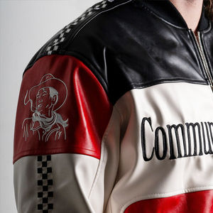 Chaqueta de Cuero Personalizada con Logotipo para Motociclistas, Diseño de Parche Bordado con Texto y Cuello Alto, Cierre de Cremallera, Estilo Speed Racer - Product Image 2