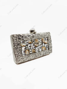 Handcrafted <b>Silver</b> Metal <b>Clutch</b> with Crushed Texture Frame and Crystal Shell Inlay Luxury Statement Evening Party <b>clutch</b> handbag - Product Image 2