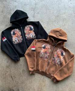 Distressed <b>Zip</b> Heavyweight Oversized <b>Graphic</b> Vintage Print <b>Hoodie</b> Anti-Wrinkle Plus Size XL Streetwear Cotton - Product Image 1