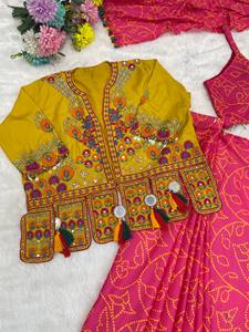 Pink Bandhani Chaniya Choli Yellow Embroidered <b>Jacket</b> Cowrie Shell Tassel Navratri <b>Dress</b> - Product Image 5