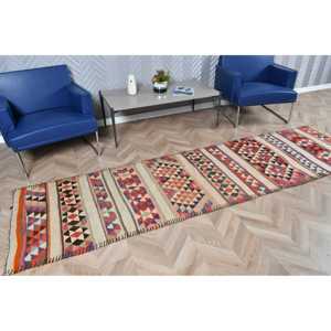 พรมตุรกีวินเทจ ขนาด 2.7x10.2 ฟุต (82x311 ซม.) พรมคิลิมสีแดงน้ำเงินลายอิคัต - Product Image 2