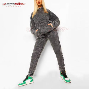 Ensemble de survêtements délavés à l'acide pour femmes avec texture élégante et pantalon ample Pullover Hoodie Women Acid Wash Tracksuit - Product Image 3