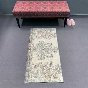 Alfombra Vintage de 2x4.2 pies, Alfombra Turca Pequeña, Alfombra Sólida Azul Marrón - Product Image 1