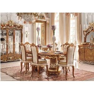 Ensemble table à manger 6 places en bois massif européen brun polonais sculpté à la main meubles de salle à manger Table à manger américaine sculptée à la main - Product Image 1