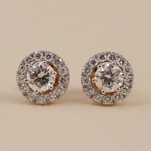 Pendientes de Diamante Cultivado en Laboratorio con Corte Redondo y Halo, con Cierre de Rosca y de Presión, Joyería de Moda - Product Image 2