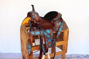 Selle sans arbre Selle de cheval en cuir occidental de qualité supérieure avec ensemble de clous de cheval assortis Selle d'endurance en cuir véritable - Product Image 4