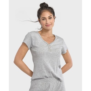 Camiseta de Pijama Henley Acanalada para Mujer PJ Place H/T MIST WINTRBERRY, Cintura Elástica con Cierre de Cordón, Personalizable, Transpirable, con Spandex - Product Image 1