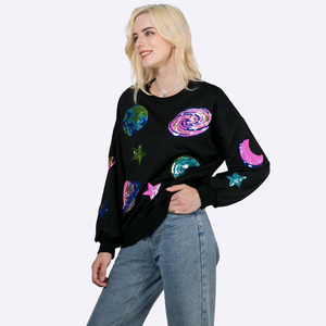 Suéteres personalizados de otoño para mujer, y manga larga con cuello redondo Sudadera negra, Jersey bordado con lentejuelas, venta al por mayor - Product Image 4