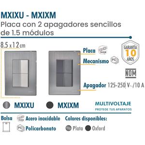 Interruttore a doppio modulo, MXIXU-003, 3 pezzi, Switchx2, 125-250VAC, 10A, 50/60Hz, Argento, Acciaio inossidabile/PC. - Product Image 2