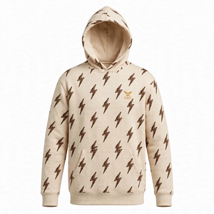 Sweat-shirt à capuche crème avec imprimé éclair marron, manches longues, poche kangourou, style streetwear décontracté unisexe - Product Image 1