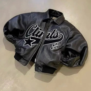 Veste de moto en cuir streetwear personnalisée, veste bomber varsity en cuir véritable à manches hiphop pour hommes - Product Image 1