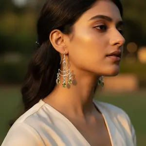 Boucles d'oreilles pendantes vintage pour femme en argent 925 avec pierre précieuse péridot vert, plaqué or, diamant et perle comme pierre principale pour mariage et soirée - Product Image 1