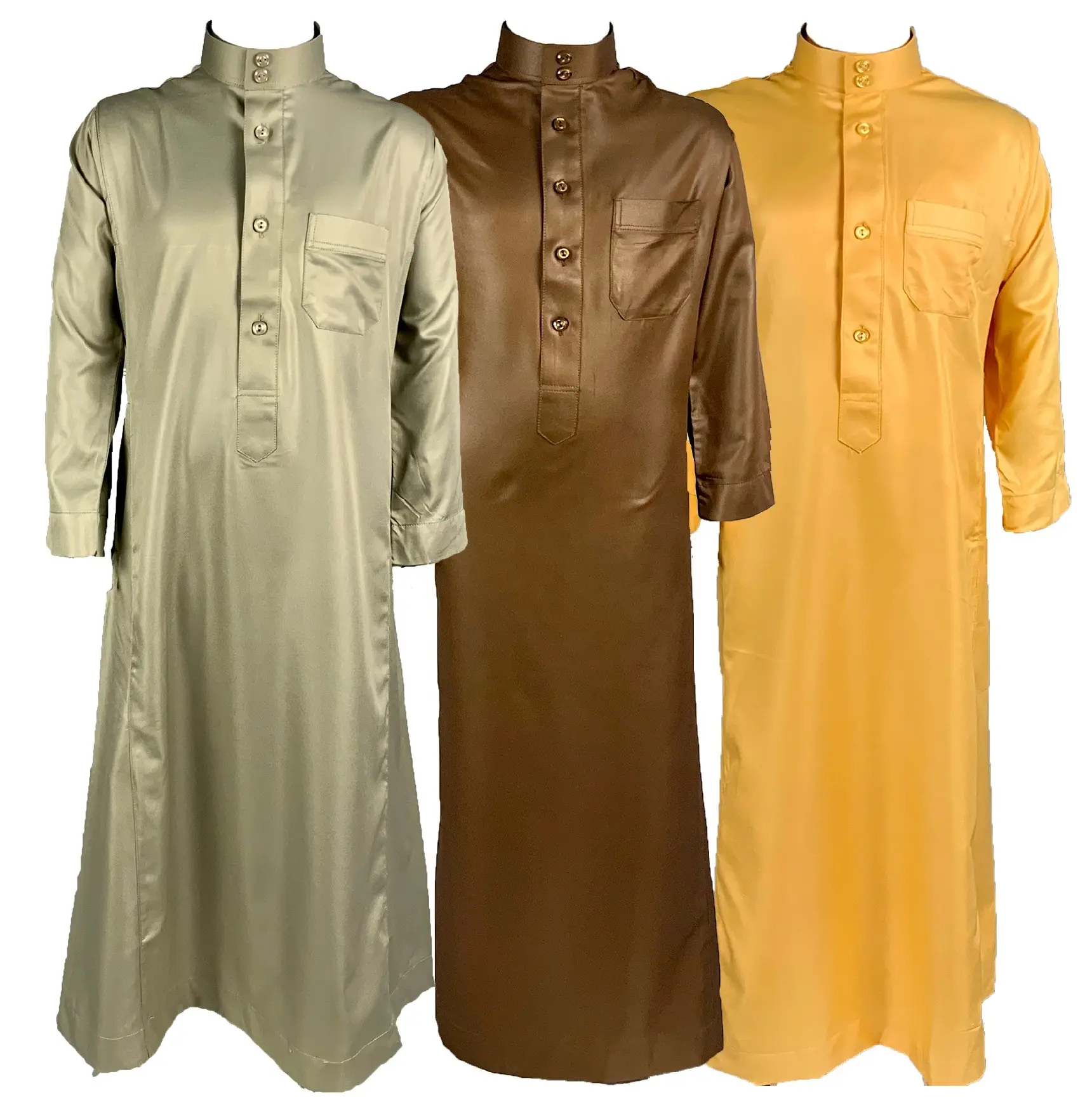 Silk soft material Men Islamic Muslim Kaftan with Pocket turn down Collar Long Sleeve button stipe Jubba Thobe Dubai Middle East