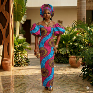 Vestido africano con estampado de cera en rosa y azul, con mangas abullonadas y pañuelo a juego para bodas y fiestas. - Product Image 1