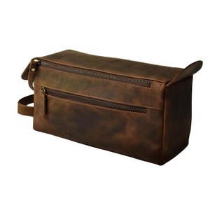 กระเป๋าหนังแท้สไตล์วินเทจทำด้วยมือชุดเครื่องแป้งแบบมีซิปคู่พร้อมที่จับด้านข้าง - Product Image 6